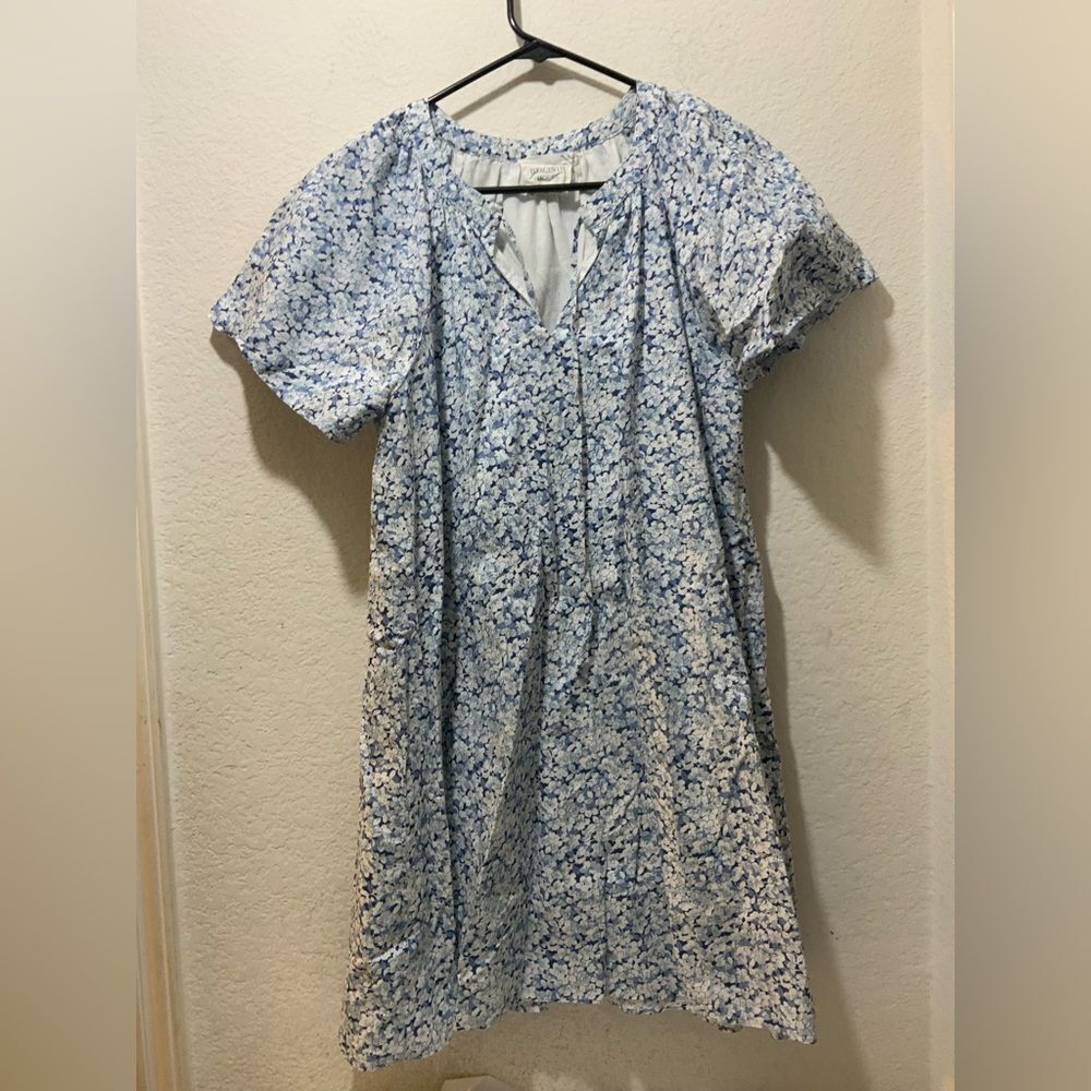 Tuckernuck Hyacinth House Blue White Floral Tie Neck Cotton Poplin Mini Dress M